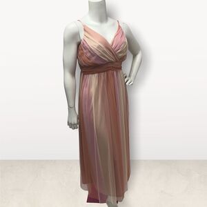 Lovely Grace Pink Ombre Mesh Maxi Dress Pleated V-Neck Formal Gown XL NEW‎